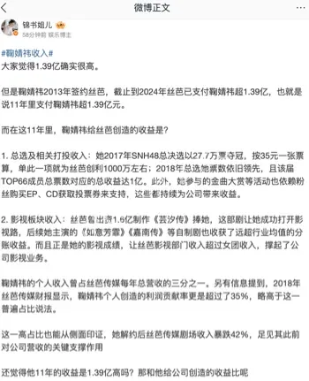 鞠婧祎丝芭收入曝光